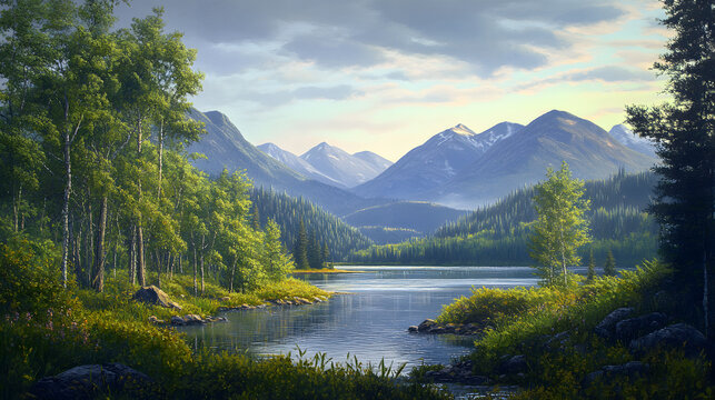 A serene mountainous landscape unfolds_near a Beautiful mountain lake with green trees all around