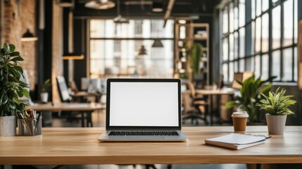 Modern Workspace: Laptop on Wooden Desk in a Chic Office