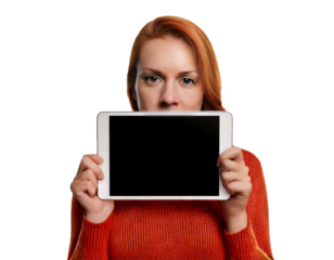 Caucasian woman with red hair holding digital tablet mock up, isolated on white transparent background