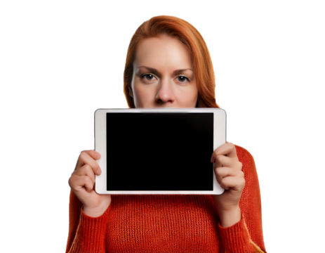 Caucasian woman with red hair holding digital tablet mock up, isolated on white transparent background