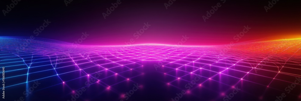 Poster impressive 3d visualization of a colorful grid landscape with radiant lights at dusk. generative ai