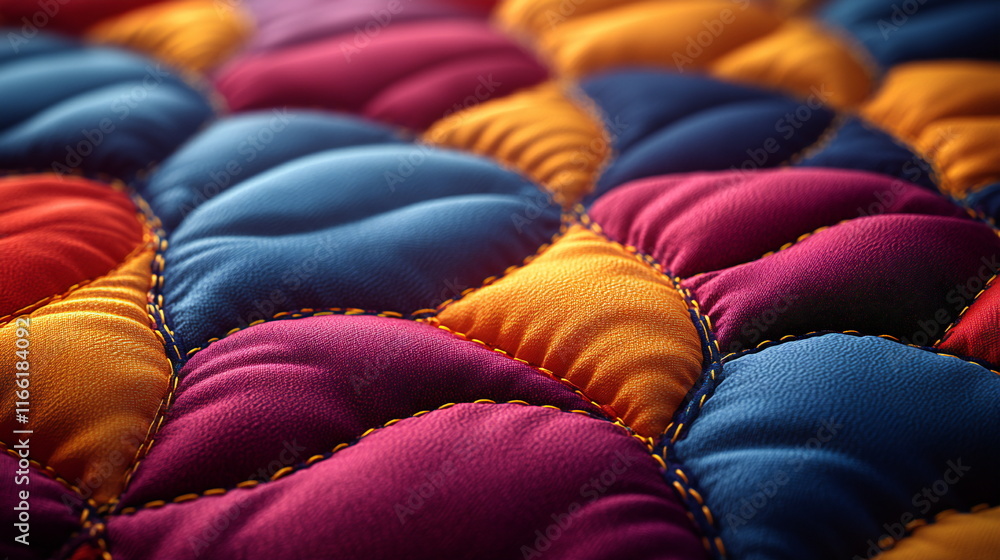 Poster vibrant quilted fabric features bold colors and intricate patterns showcasing craftsmanship and text