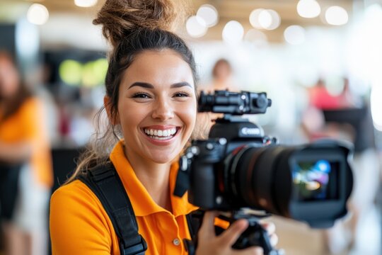 Smiling photographer captures moments at a lively event with a professional camera