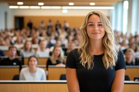 Engaging student takes center stage in busy university lecture hall filled with eager learners