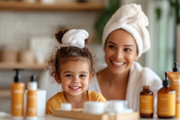 Bonding with joy during a delightful skincare routine at home with mother and daughter
