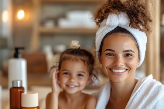 Relaxing skincare ritual shared between mother and daughter in a serene spa-like atmosphere - Powered by Adobe