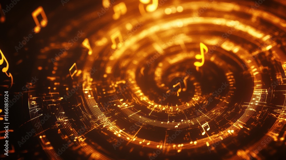 Fototapete Swirling 3D music notes creating a vibrant and energetic visual melody in dynamic colors. Generative AI