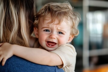 Bittersweet moment of a toddler clinging to a caregiver with tears of emotion in a vibrant indoor setting