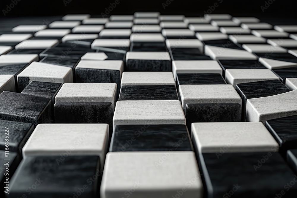 Poster abstract geometric design with black, white squares. modern maze structure with chessboard pattern. 