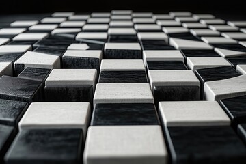 Abstract geometric design with black, white squares. Modern maze structure with chessboard pattern. Visual puzzle of interlocking squares. Strategic, minimalistic design. Perfect for conceptual art