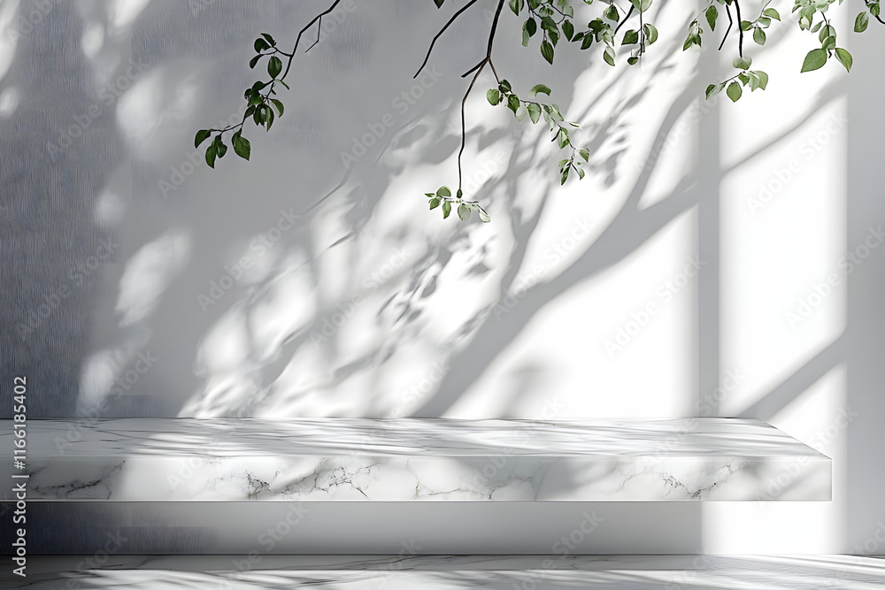 Poster a marble table with a tree shadow casting onto a white wall serves as a background for product mocku