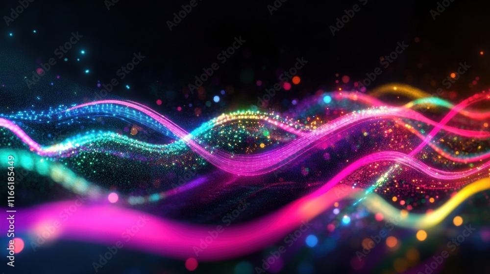 Leinwandbilder Glowing neon lines create a vibrant abstract pattern in a dark space with shimmering lights. Generative AI