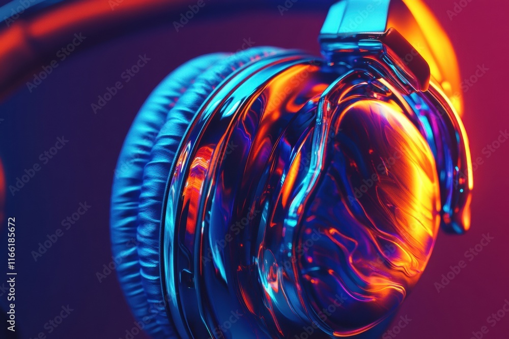 Poster close up view of vibrant 3d headphones reflecting colorful lights in modern setting. generative ai