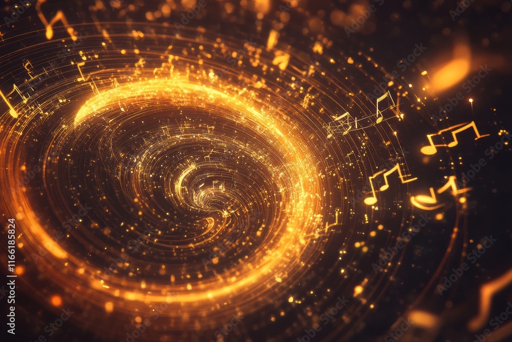 Fototapete spiral of glowing 3d music notes creating an artistic display of sound and light in a cosmic setting