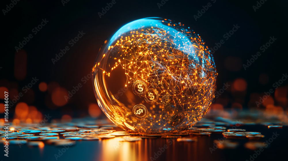 Poster the hologram is money. coins and a planet made of polygons, triangles of dots and lines. money is a 