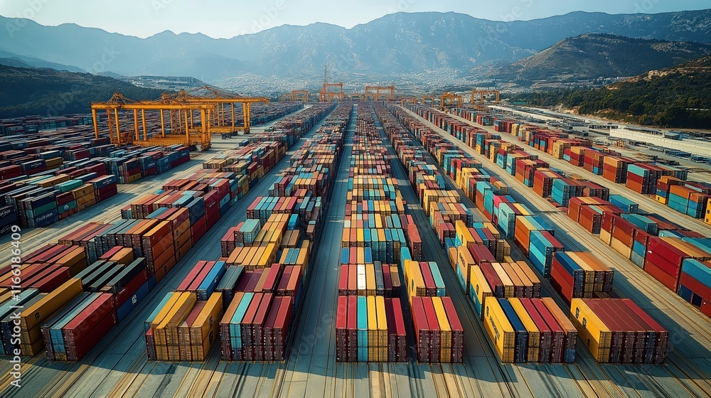 Poster aerial view of busy container terminal. thousands of shipping containers stacked neatly in rows. car