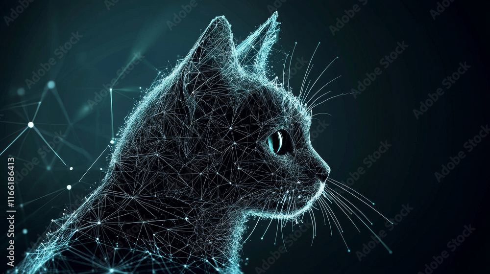 Poster hologram of a cat. cat of polygons, triangles of points and lines. cat is a low-poly compound struct