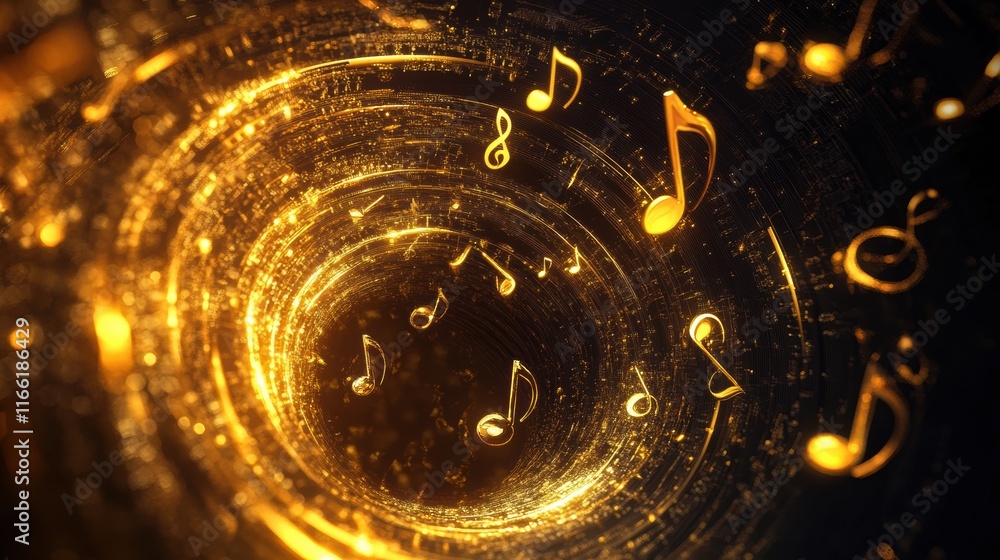 Poster dynamic 3d music notes swirl through a golden vortex showcasing the beauty of sound and rhythm. gene