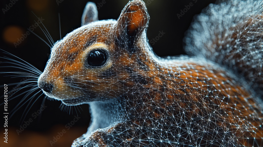 Poster a hologram of a squirrel. a squirrel made up of polygons, triangles, points, and lines. squirrel is 