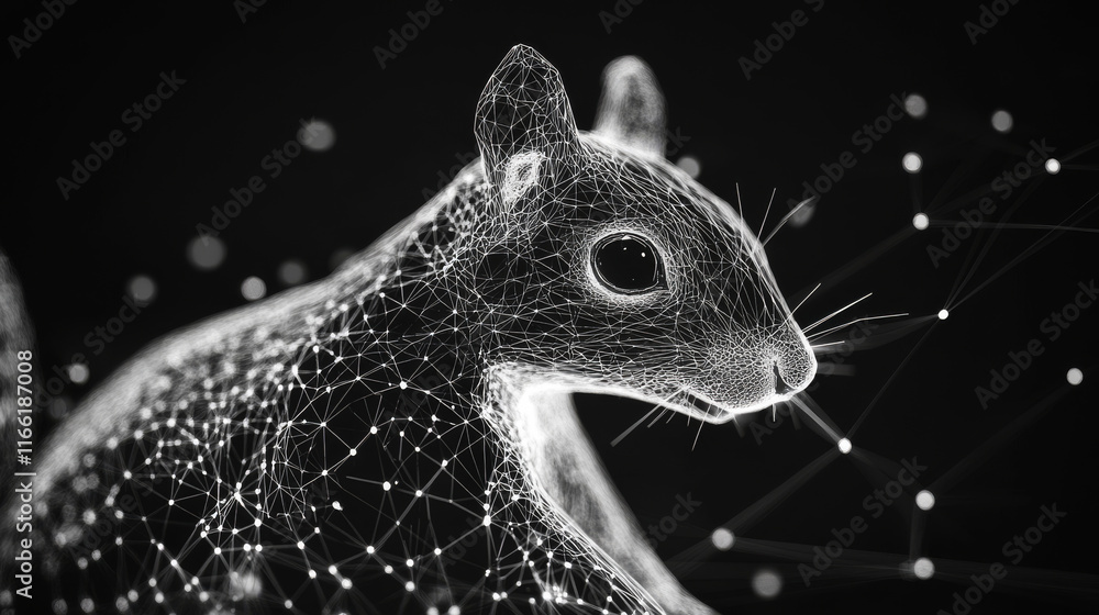 Poster a hologram of a squirrel. a squirrel made up of polygons, triangles, points, and lines. squirrel is 