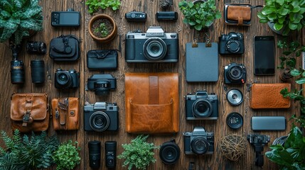 Flat lay of photography and travel gear