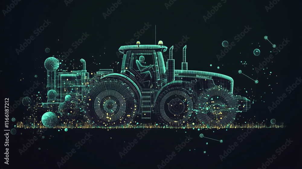 Poster tractor with a tank of particles. the tractor consists of dots and circles. vector illustration.