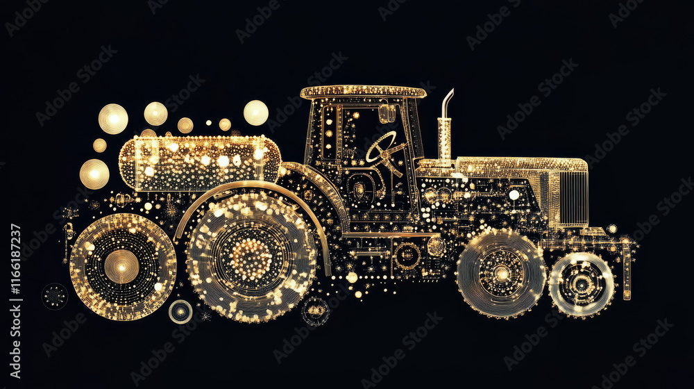 Poster tractor with a tank of particles. the tractor consists of dots and circles. vector illustration.