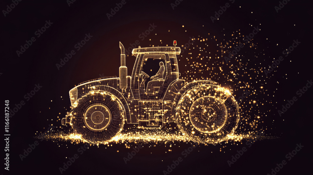 Poster tractor with a tank of particles. the tractor consists of dots and circles. vector illustration.