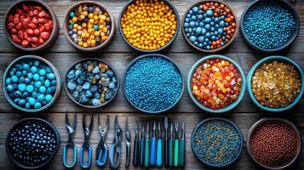 Flat lay of jewelry-making tools including pliers and raw materials