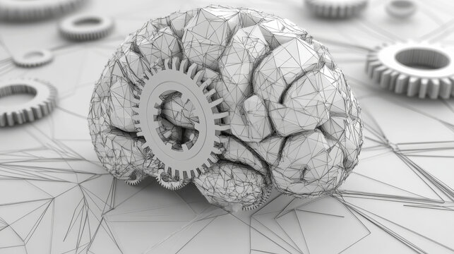 A hologram of the brain and gears. The brain and gears are made of polygons, triangles of dots and lines. The brain and gears are a low-poly joint structure. Technology concept vector.
