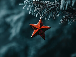 Wunderschöner roter Sternanhänger an einem verschneiten Weihnachtsbaum

