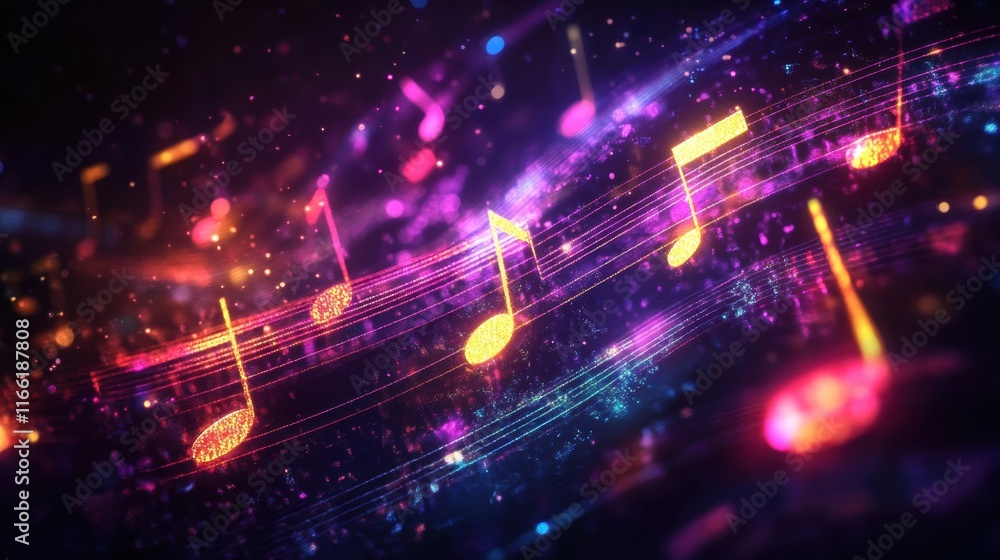 Fototapete flowing musical staff lines create a vibrant display of neon tones in a mesmerizing abstract design.