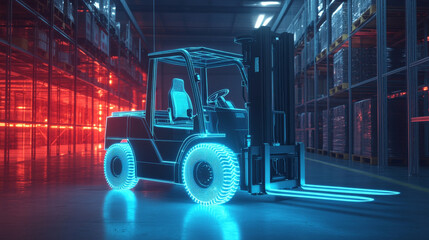 Hologram forklift. A holographic projection of a forklift. Flickering energy flux of particles. The scientific design of the logistics.