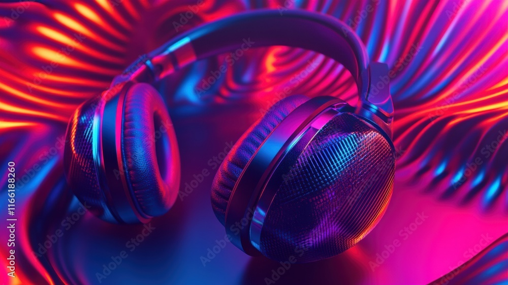 Aufkleber close up view of colorful 3d headphones on an abstract wavy background with vibrant lighting effects