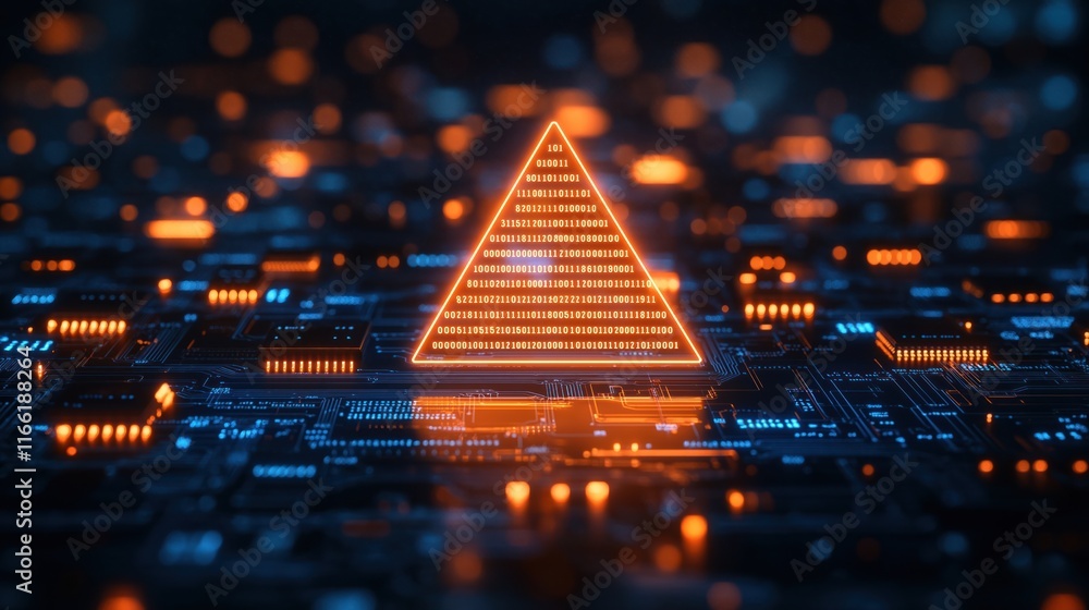 Poster abstract 3d rendering of digital code background. orange triangle warning sign highlights security d