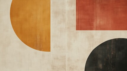 Abstract geometric shapes in warm colors on a textured background.