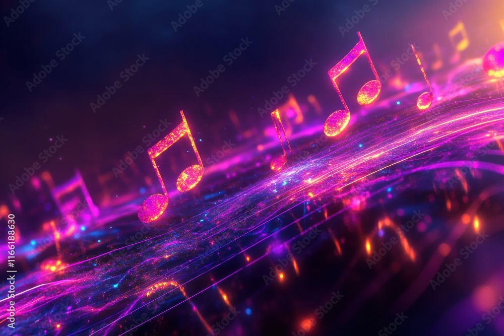 Aufkleber Flowing musical staff lines illuminated with vibrant neon colors create a mesmerizing visual symphony of sound and light. Generative AI