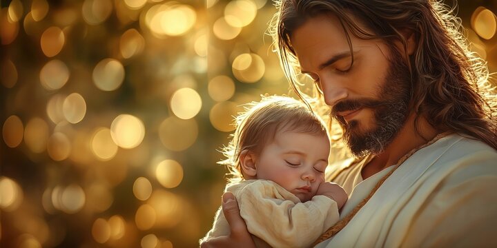 Jesus Christ lovingly holds sleeping baby. Gentle light, blurred background create serene, peaceful scene. Moment of care, tenderness. Spiritual image suitable for religious publications. Focus on