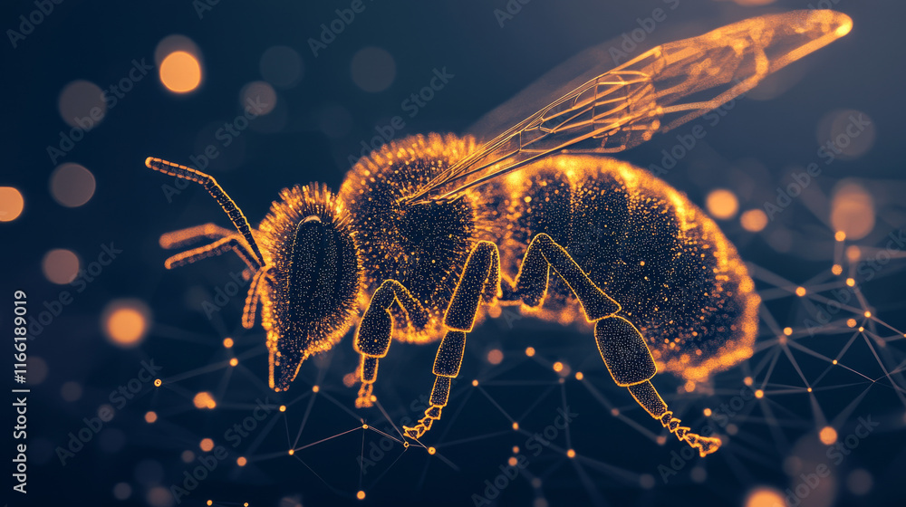 Poster the bee consists of points, lines and triangles. the polygon shape in the form of a silhouette of a 