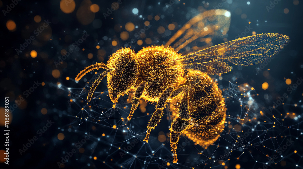 Poster the bee consists of points, lines and triangles. the polygon shape in the form of a silhouette of a 