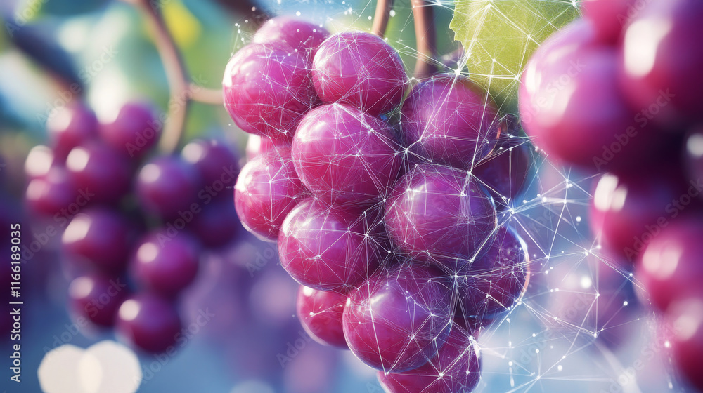 Poster a hologram of grapes. grapes are made of polygons, triangles of points and lines. grape icon is a lo