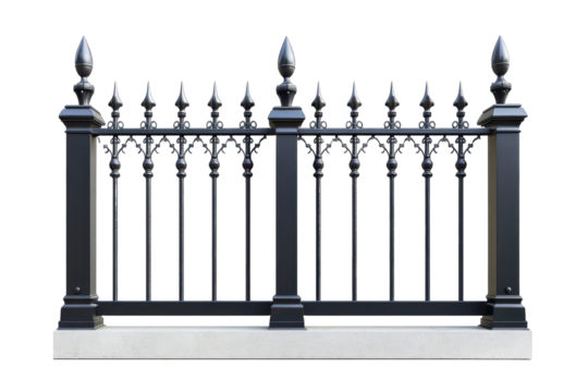 Ornate black iron fence with pointed tops installed along a white concrete base in a residential area