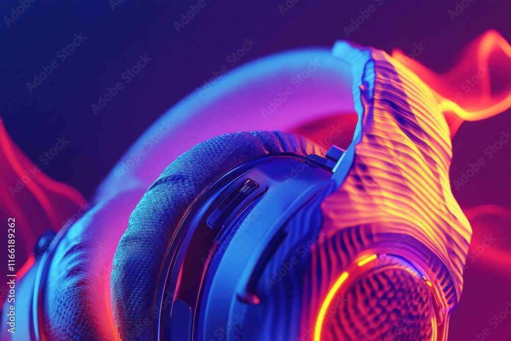 Poster Close up view of vibrant 3D headphones showcasing intricate design and glowing elements in a modern setting. Generative AI