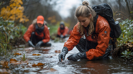 Scientists collecting water samples in a forest stream.