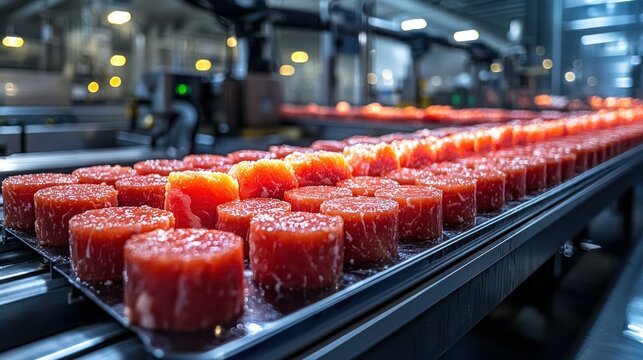 Factory line producing circular salmon products.