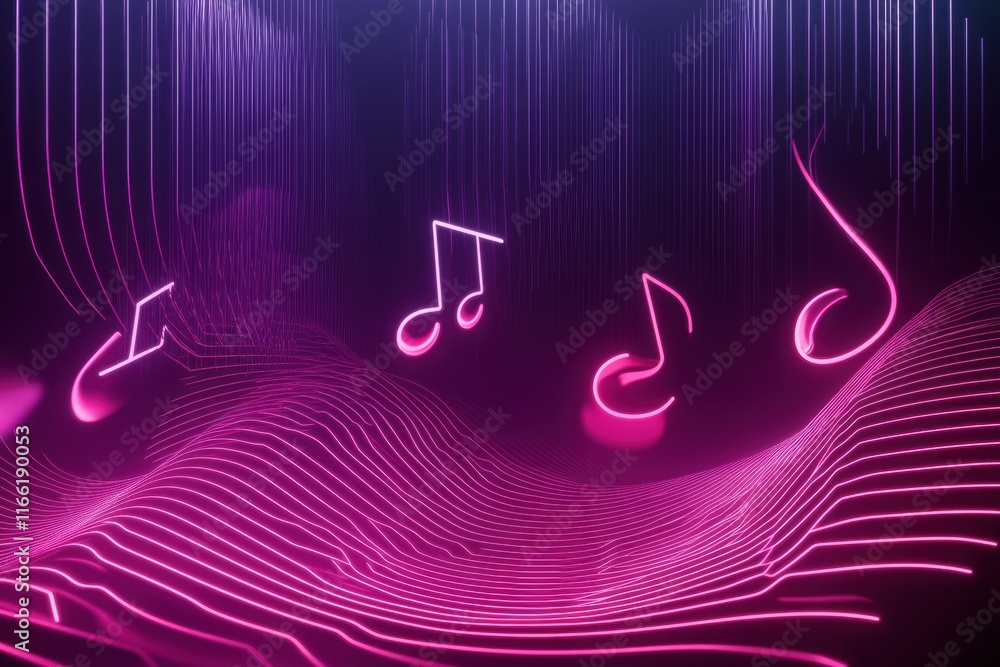 Poster colorful flowing musical staff lines create a dynamic visual melody in glowing neon tones. generativ