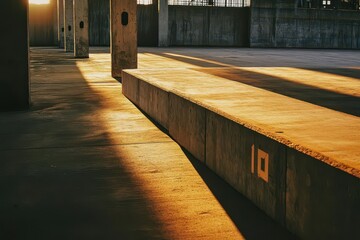 industrial minimalist numerals cast long shadows across concrete foundation at golden hour