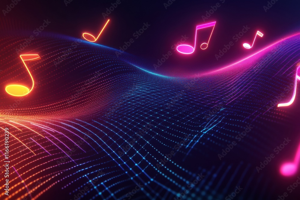 Poster vibrant neon musical staff lines flow gracefully through a dark space in a captivating digital art r