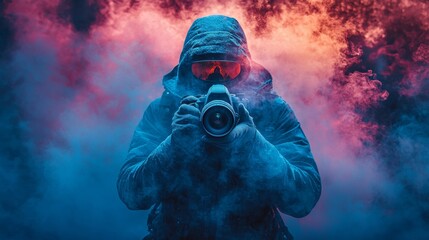 Photographer in a cloud of vibrant smoke
