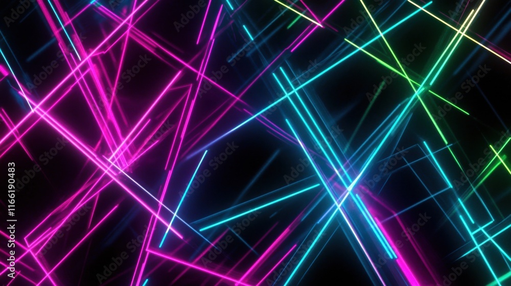 Poster Glowing neon lines intersect in vibrant patterns creating an abstract digital background. Generative AI